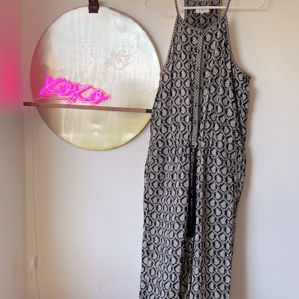 Lou & Grey Black White Paisley Jumpsuit Boho Halter Romper Wide Leg Size S